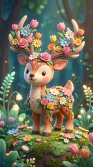 Fototapeta premium Cute Fawn Deer with Antlers and Colorful Flowers in Enchanted Forest