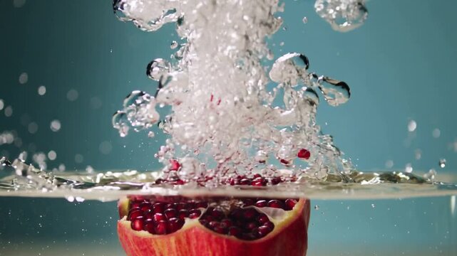 Pomegranate Half Splashing into Water with Seeds Flying.