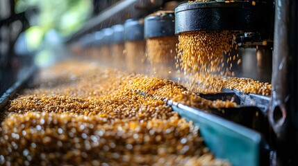 A modern rice mill in action grains being processed showcasing a continuous conveyor belt with golden rice kernels falling from industrial hoppers into collection trays under bright factory lighting.