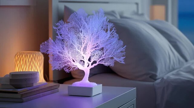 Modern glowing tree lamp creating serene ambient light on a bedside table in a peaceful bedroom setting, tranquil atmosphere.