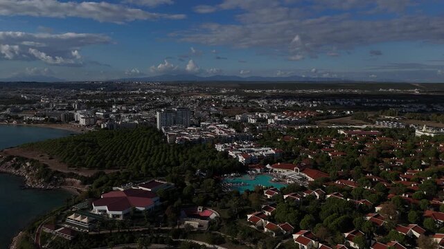 Aerial Drone Flying Toward Aegean Sea Revealing Luxury Resort and Private Beach Near Didim