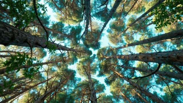 Tall pine trees viewed from forest floor toward sky canopy.
