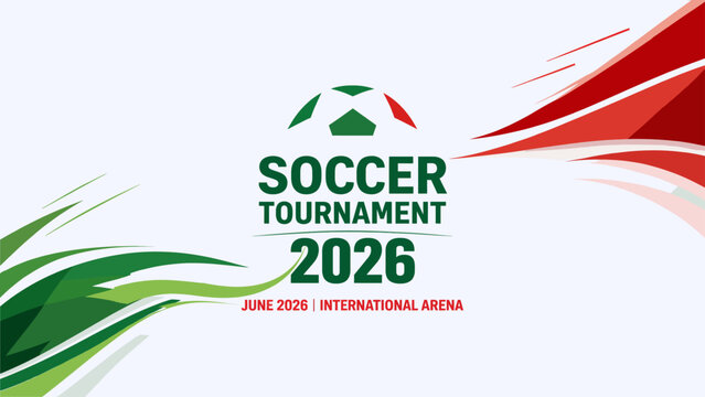 Soccer Tournament 2026 Banner with Football Ball and Green Red Dynamic Waves