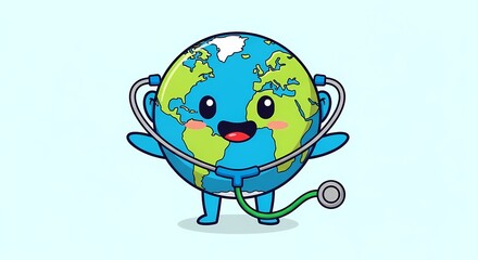 Naklejka premium Globe Character with Stethoscope in Healthy Environment