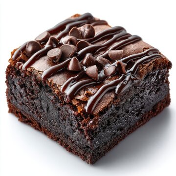 Square brownie with chocolate drizzle and chips, isolated on white backdrop