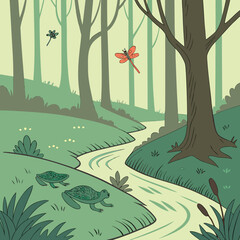 A serene forest path winding through lush greenery and towering trees Vector