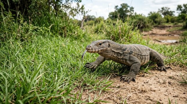 Komodo Dragon Walking on Dirt Path.