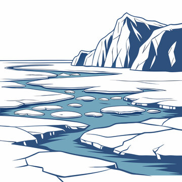 A serene landscape of a melting glacier with a river flowing through it Vector