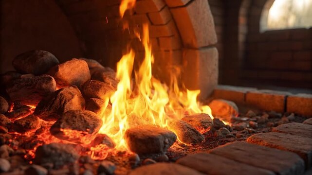 Embers and Warmth: A close-up shot of a cozy fireplace, revealing the fiery dance of the flames, surrounded by stones, bricks and a warm light. 