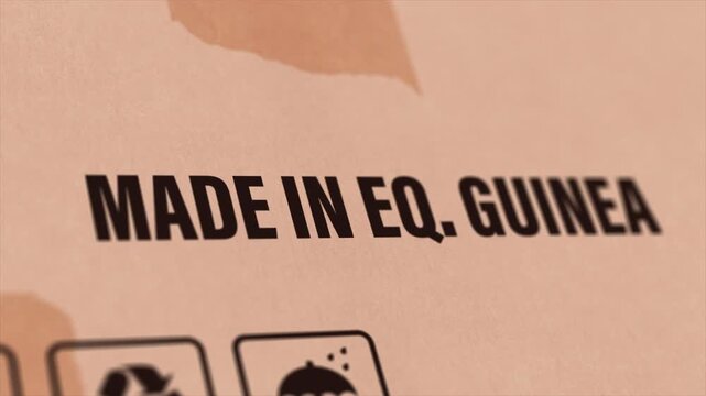 Made in EQUATORIAL GUINEA Label on Cardboard Box, Animated EQUATORIAL GUINEA Manufacturing Export Concept