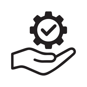 Hand Holding Gear with Check Mark Icon for Quality Service and Support