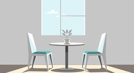 Fototapeta premium Minimalist dining table with two chairs and a potted plant.