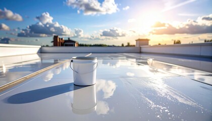 White paint bucket standing on a reflective white roof surface under a bright blue sky with soft white clouds at sunset