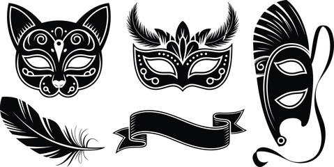 Black and white masquerade mask set with cat mask venetian eye mask handheld mask feather and ribbon banner isolated vector © MstTahera
