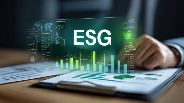 A business professional reviews ESG data and charts, highlighting environmental, social, and governance performance metrics on a digital interface.