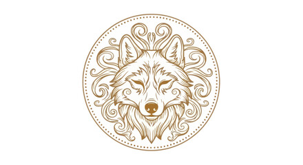 Fototapeta premium Golden Wolf Head Emblem with Swirls and Dots, Elegant Vintage Style