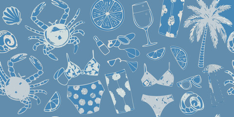 A blue patterned background featuring summer themed illustrations © Raju