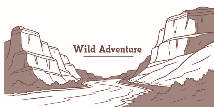 A scenic view of mountains with a winding path and the text wiki adventure. Vector