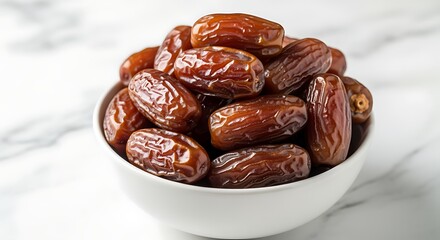 Obraz premium Fresh Medjool Dates in White Bowl on Marble Surface
