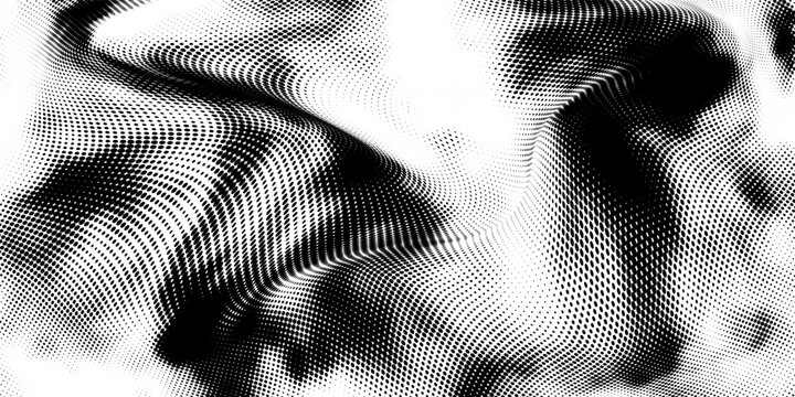 Abstract black and white halftone dot pattern background, vintage grunge texture, retro pop art style, modern artistic digital backdrop, monochrome distorted ink splat design.