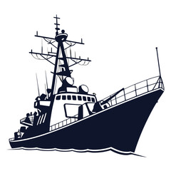 A detailed illustration of a large naval warship with various antennas and equipment. Vector © RABBI