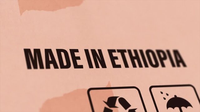 Made in ETHIOPIA Label on Cardboard Box, Animated ETHIOPIA Manufacturing Export Concept