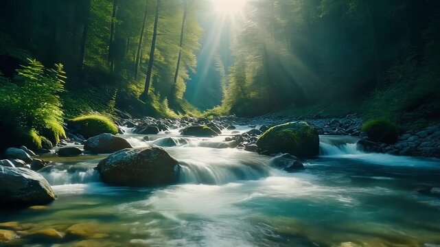 crystal clear mountain stream flowing over small rocks, sparkling water under sunlight, peaceful forest environment, cinematic natural lighting, static camera, ultra realistic, 4k, 5 seconds, stable f