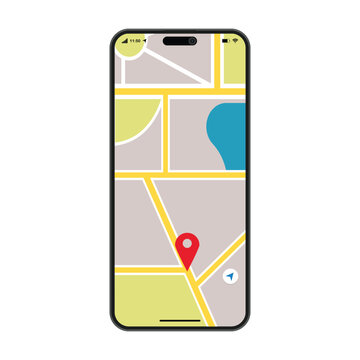 Smartphone with map navigation app in flat style