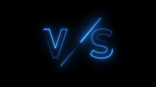 Blue neon glowing VS text with a diagonal line separating the letters on a black background representing competition and comparison