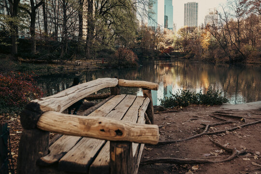 A tranquil wooden bench overlooks a serene pond in Central Park, framed by autumn foliage and shimmering city skyscrapers in the reflective water.