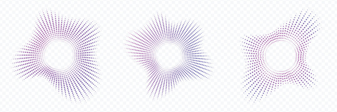Collection of neon radial sound wave gradient dotted music equalizer circles abstract audio spectrum