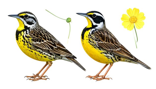Two meadowlarks are depicted with a yellow flower and a bud on a white background