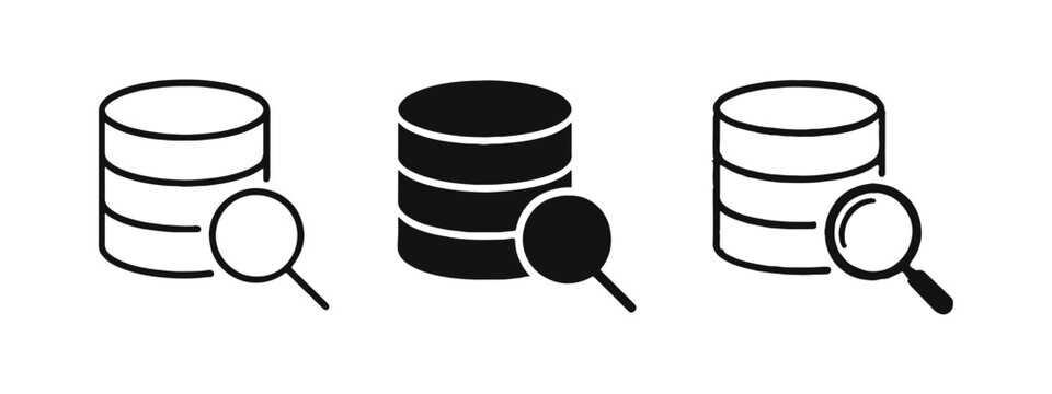 Database Search and Analysis Icon Set. Data Server with Magnifying Glass in Outline, Solid, and Doodle Styles.