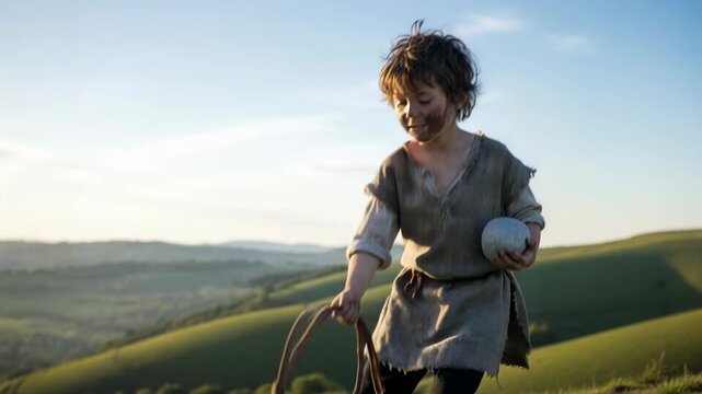 Young boy with slingshot and stone standing in rolling green hills. Biblical story and christianity concept. Historical drama.
