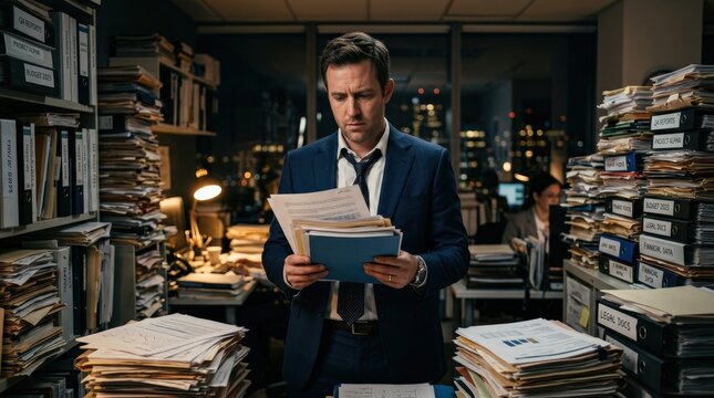 A man in a suit reviews documents in a cluttered, dimly lit office filled with towering stacks of files and papers.