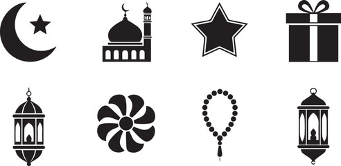 Fototapeta premium Collection of Black Islamic Silhouette Icons Featuring Mosque Lantern Prayer Beads and Star for Ramadan Celebration