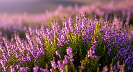 Obraz premium Close up view of heather plants showing vibrant purple and green colors, capturing the texture and natural beauty in a moorland setting, wildflower, wildlife, purple