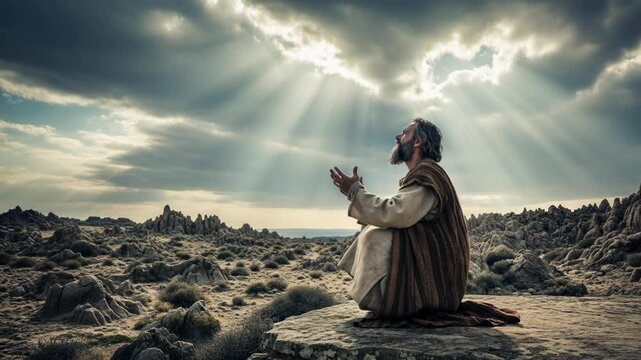 Man on roc kneeling in prayer under divine light. Religious devotion in desert. Biblical scene for spiritual concept.