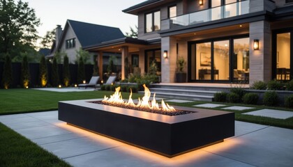 Naklejka premium The modern house features a sleek outdoor fire pit with flames. The spacious patio surrounds the fire pit and includes a well-manicured lawn.