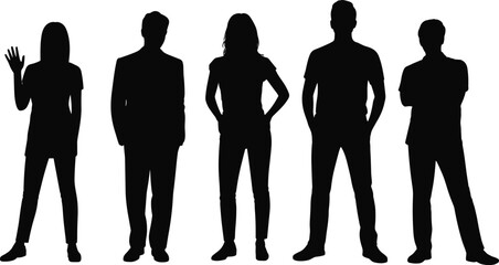 Flat vector human silhouettes, diverse standing poses, anonymous figures, body language illustration, minimalist design, diversity representation, posture collection icons © MdFaruk