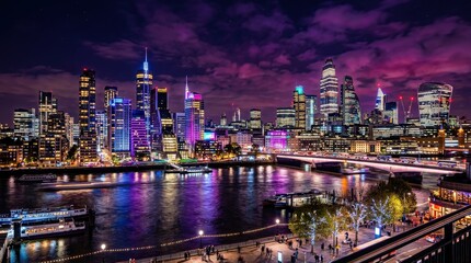 Fototapeta premium Nighttime cityscape with illuminated skyscrapers reflecting on a river under a dramatic purple sky.