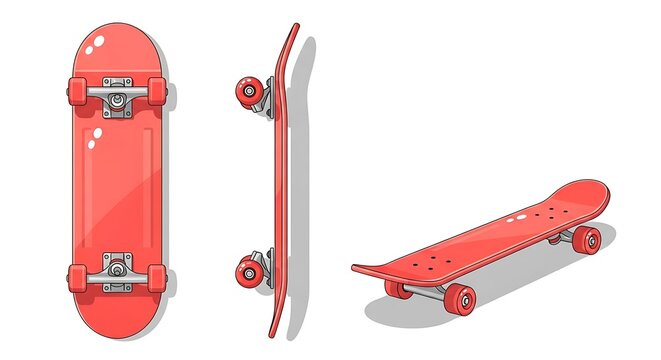Three views of a red skateboard top, side, and angled, with shadows on a white background
