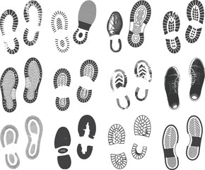 Flat vector shoe sole silhouettes, diverse footwear tread patterns, fashion design illustration, casual sport work shoes icons, minimalist collection