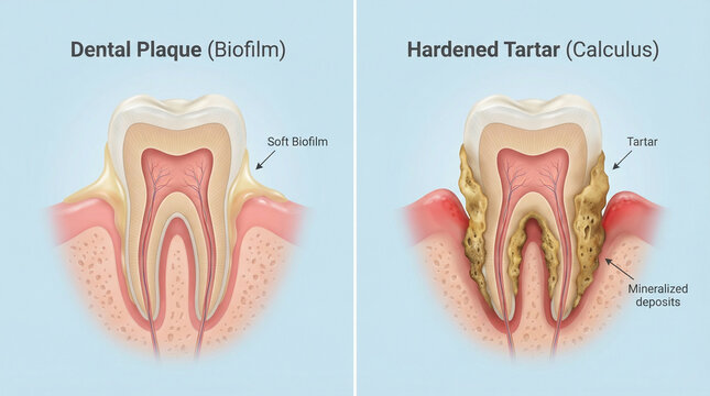 Dental Plaque Biofilm and Hardened Tartar Calculus Comparison on Tooth Anatomy