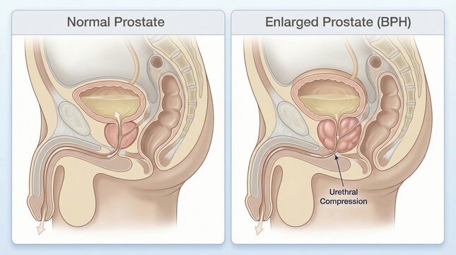 Normal Male Prostate vs Enlarged Prostate BPH Urethral Compression Anatomy