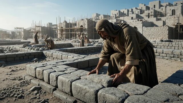 Man building a stone wall in an ancient city construction site, a biblical narrative of community work and historical reconstruction