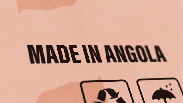 Made in ANGOLA Label on Cardboard Box, Animated ANGOLA Manufacturing Export Concept