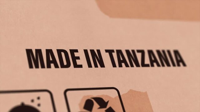 Made in TANZANIA Label on Cardboard Box, Animated TANZANIA Manufacturing Export Concept