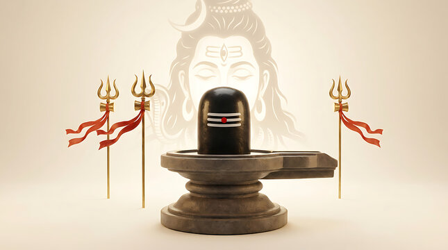 Shiva Lingam Altar with Trishula and Red Flags, Minimalist Background