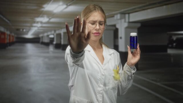 Woman in white coat holding blue pill bottle, palm raised in stop gesture inside parking garage; refusal caution.
